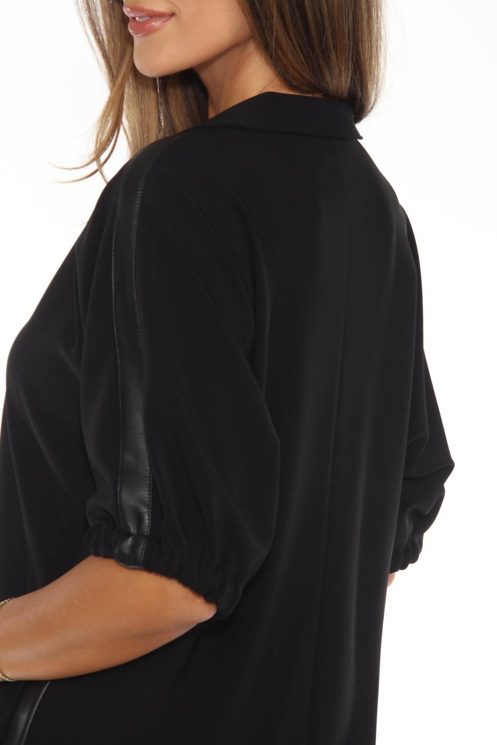 Joseph Ribkoff - Faux Leather Trim Short Sleeve Trapeze Dress