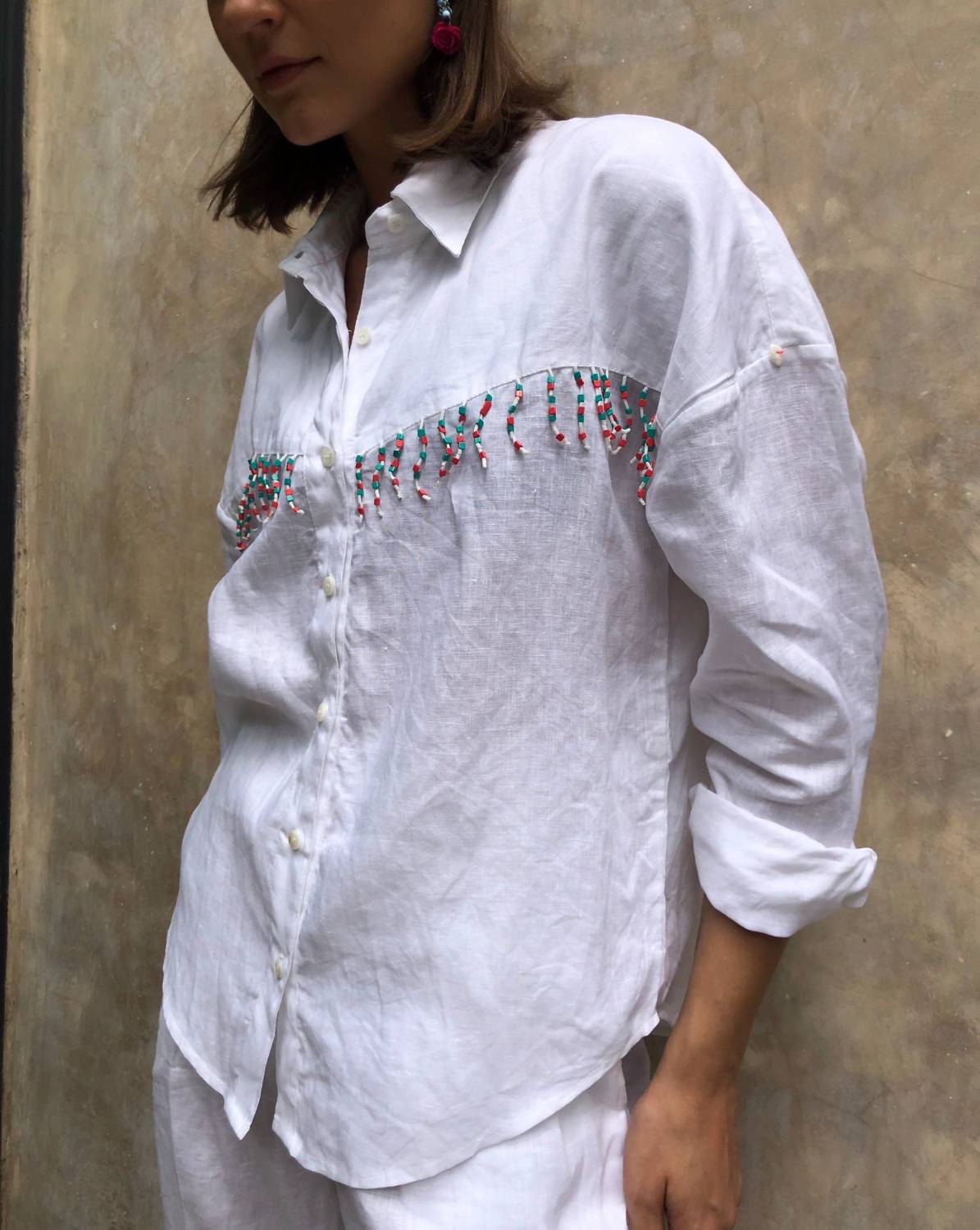 Puka Ulu With Turquoise And Coral Beads Shirt in white - women's shirt