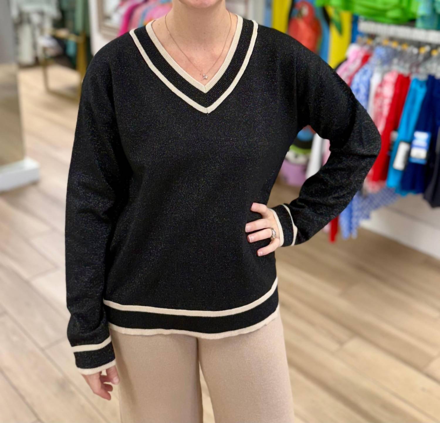 M made in Italy V-neck Shimmer Sweater in italy v neck shimmer sweater in black - women's sweater