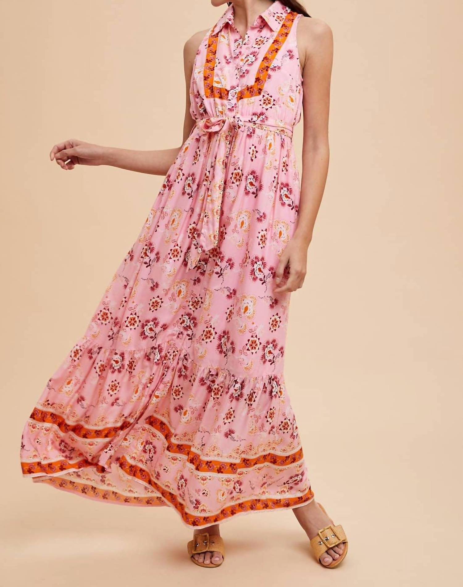 In-Loom - BORDER PRINT COLLARED BUTTON DOWN MAXI DRESS