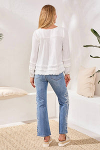 TRIBAL Cotton Gauze Balloon Sleeve Boho Blouse in white - women's blouse - detail view