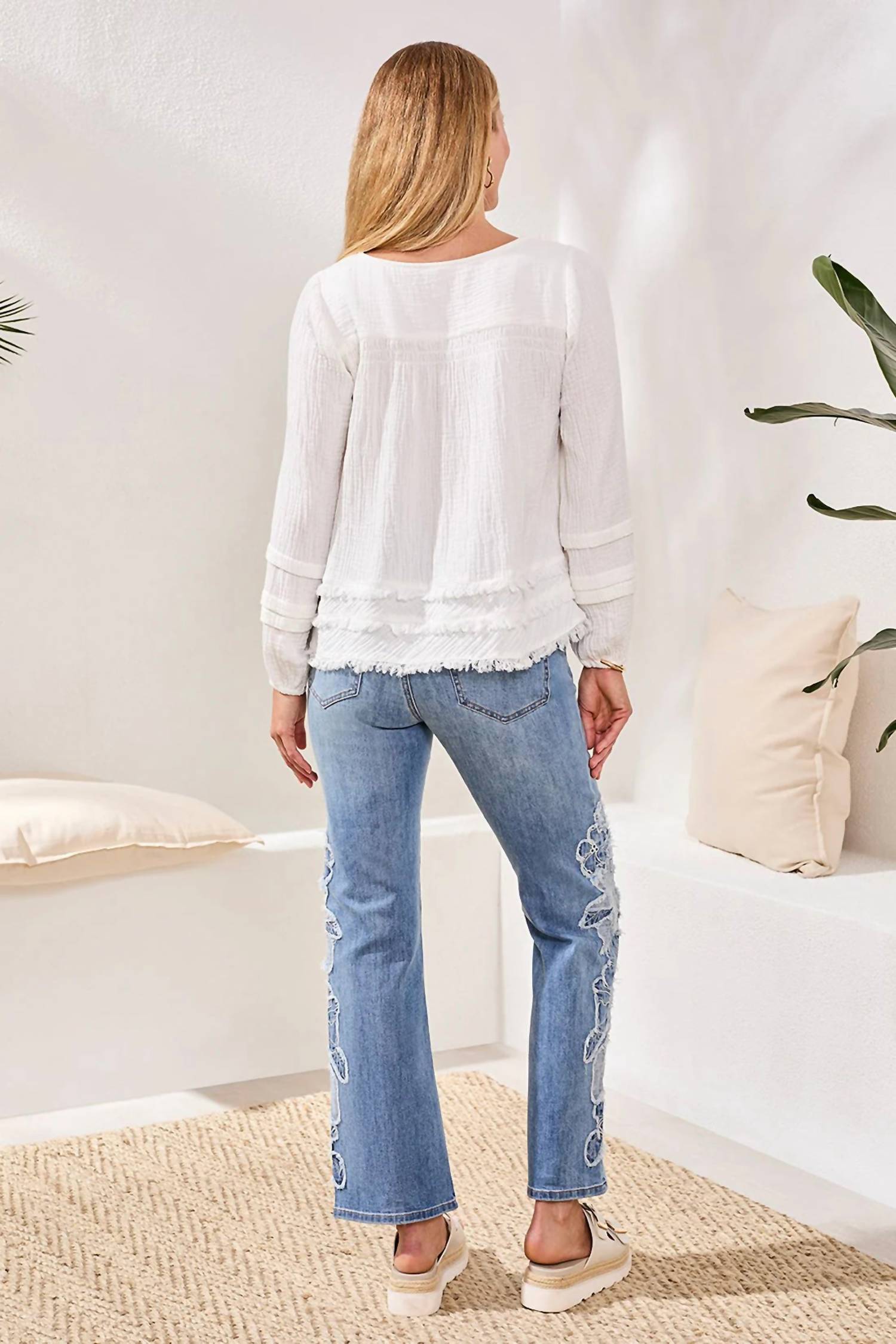 TRIBAL Cotton Gauze Balloon Sleeve Boho Blouse in white - women's blouse - detail view