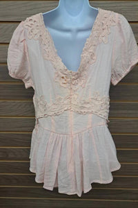 Kate C. - Women's Lace Ruffle Dble V Neck Half Zip Back