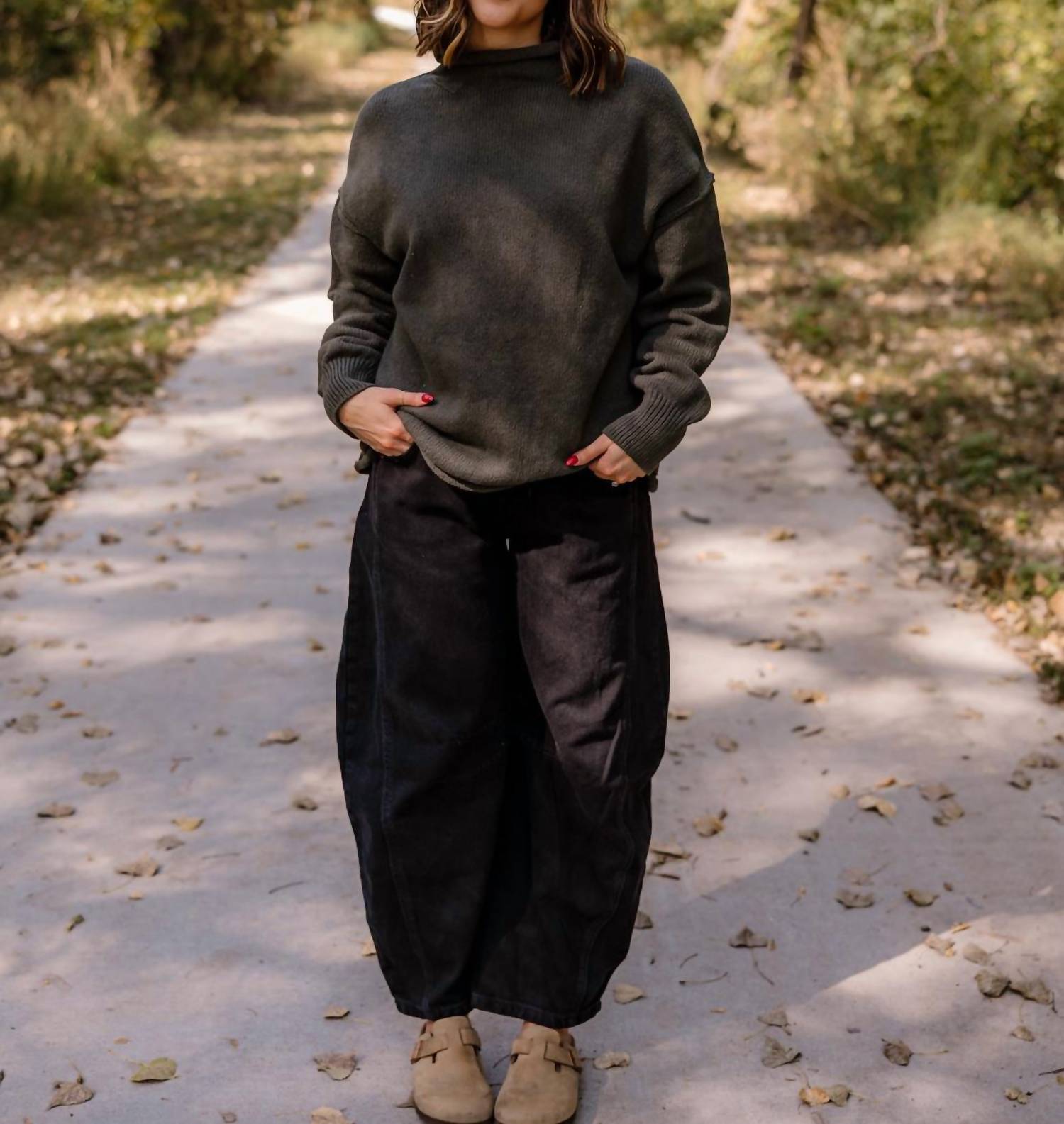 Free People Torres Roll Neck Sweater in army - women's long sleeve top - detail view