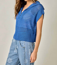 Mystree - Fishnet Zip-up Short Sleeve Sweater