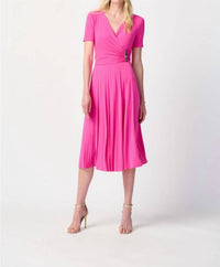 Joseph Ribkoff - Pleated Faux Wrap Short Sleeves Fit And Flare Dress