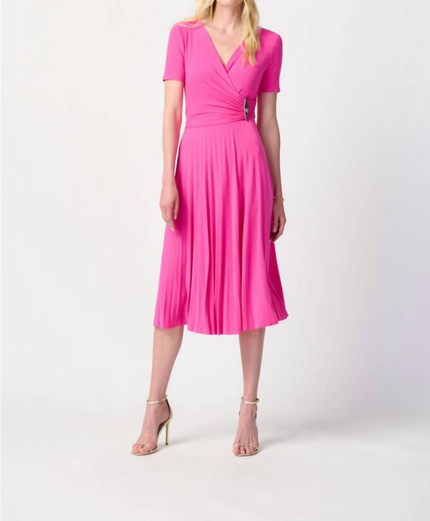 Joseph Ribkoff - Pleated Faux Wrap Short Sleeves Fit And Flare Dress