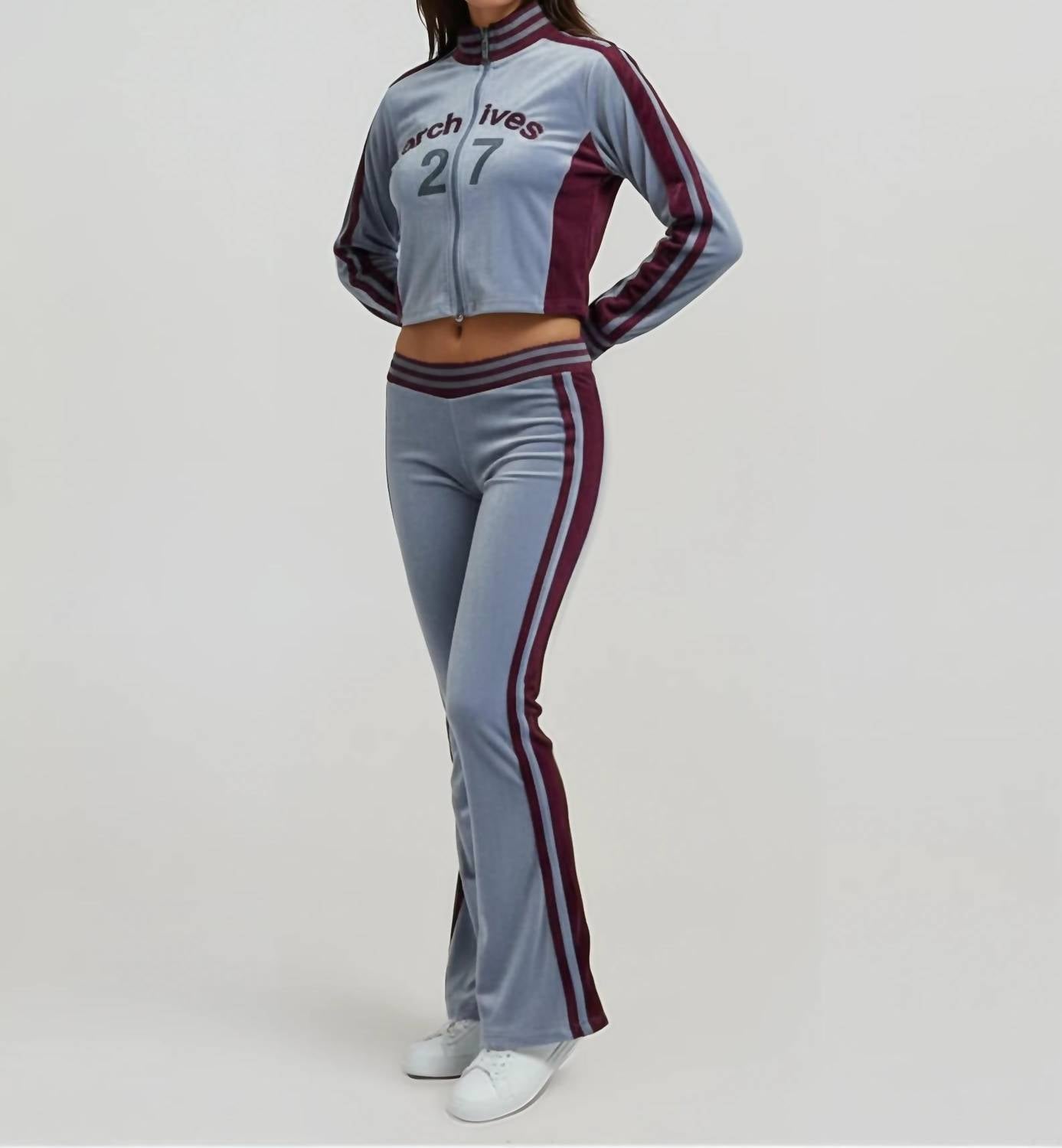 Malibu Road Velour Tracksuit Set in grey burgundy - women's sleepwear - alternate view