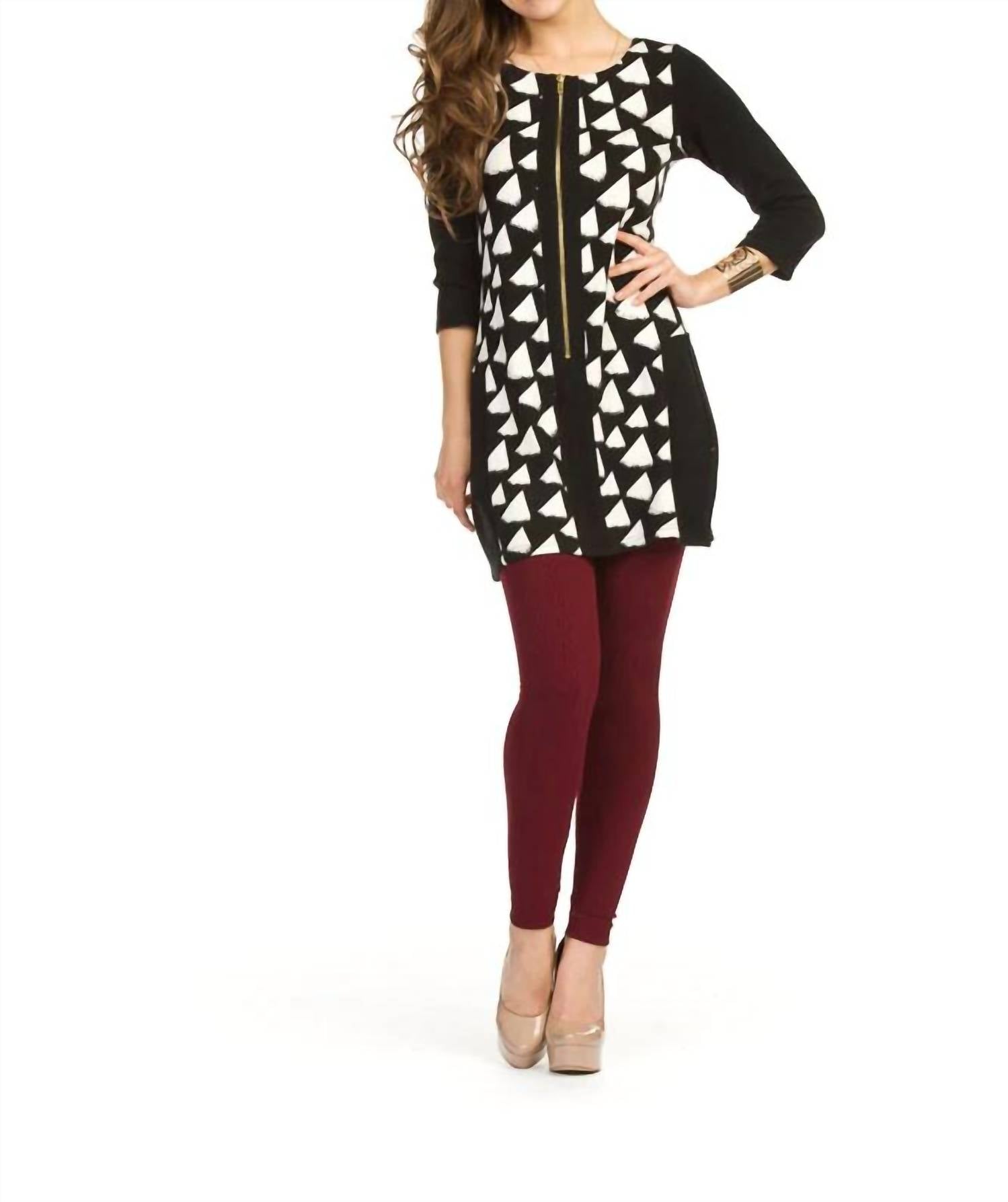 Papillon - Geometric Triangle Print 3/4 Sleeve Dress With Zipper