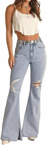 Rock & Roll Denim Slit Hem High Rise Flare Jean in light wash - women's jeans