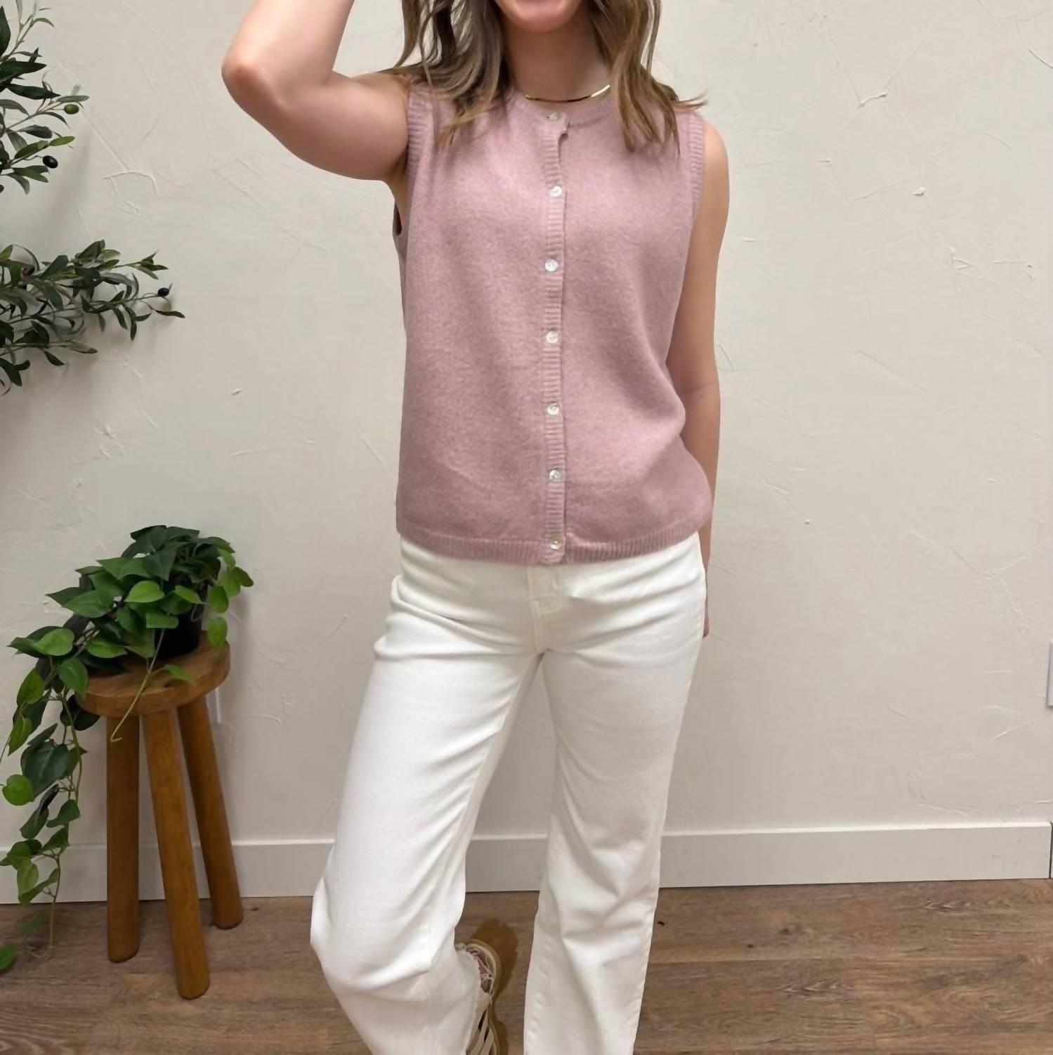 LE LIS Sleeveless Crew Neck Sweater Cardigan in blush - women's cardigan - view 5