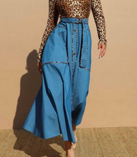 Dress Day Belted Leopard Knit Top Denim Button Up Midi Dress in multi - women's dress - detail view