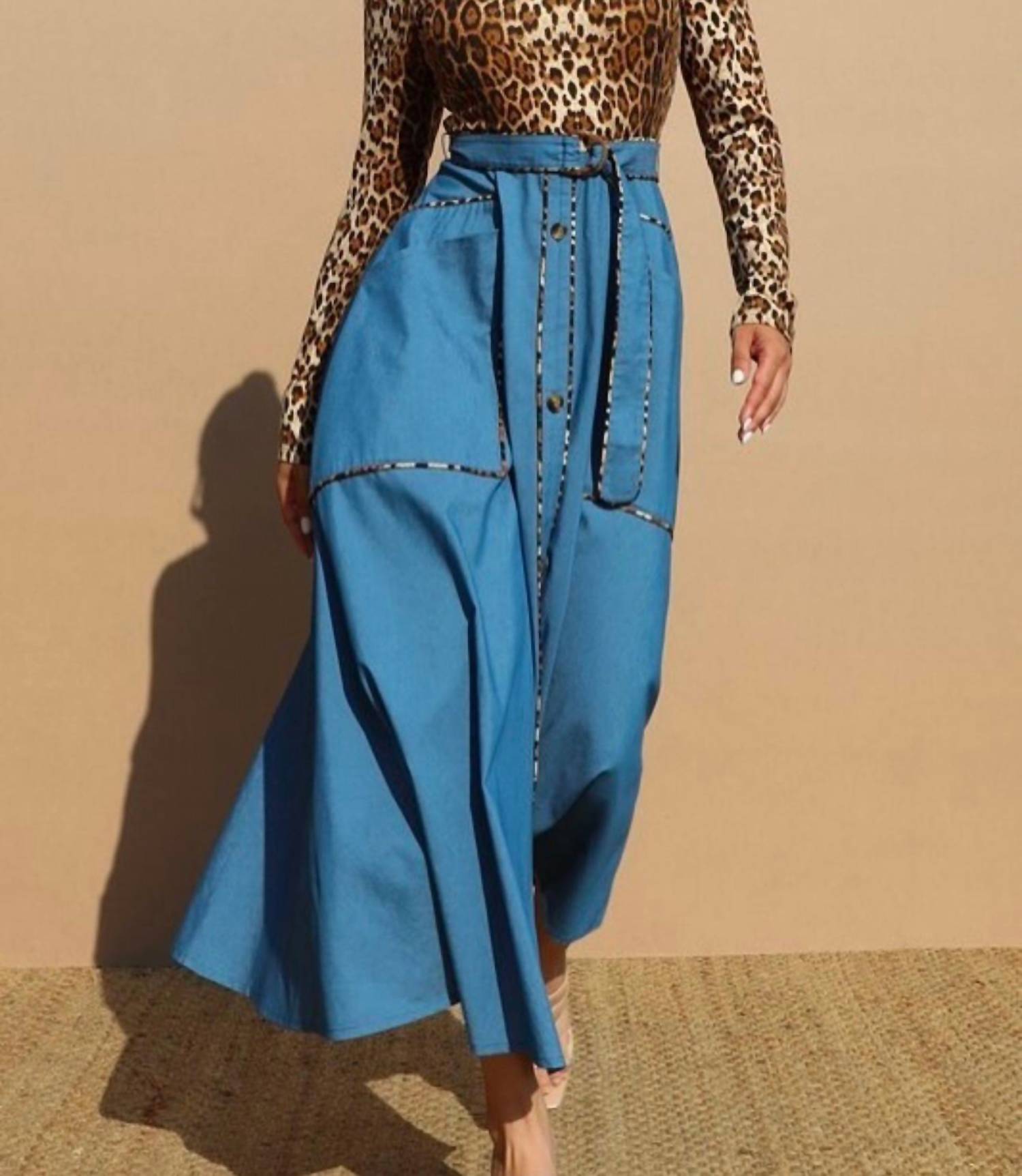 Dress Day Belted Leopard Knit Top Denim Button Up Midi Dress in multi - women's dress - detail view