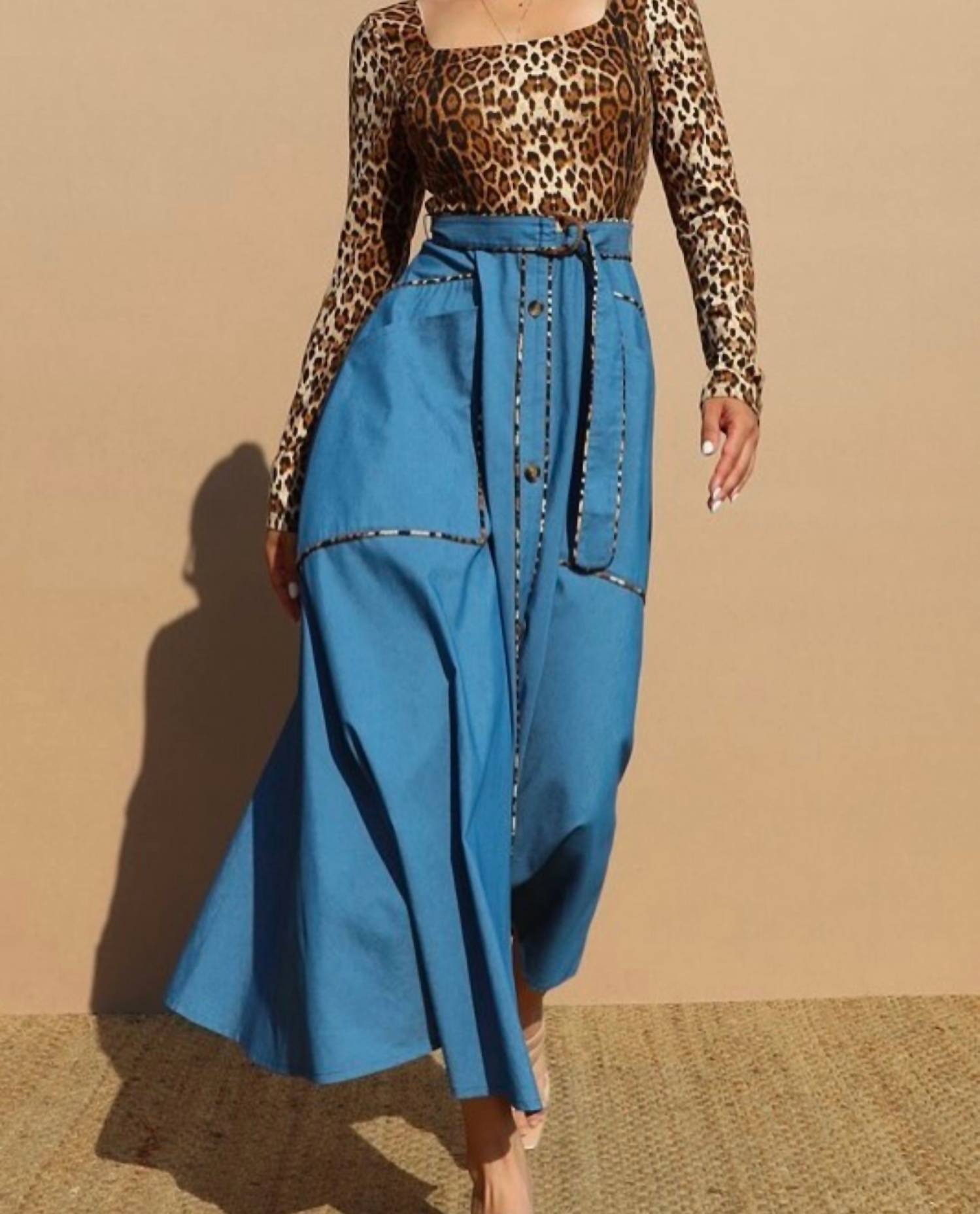Dress Day Belted Leopard Knit Top Denim Button Up Midi Dress in multi - women's dress - alternate view