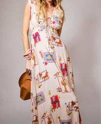 Blue B Western Motif Tie Front Maxi Dress in tan multi - women's dress - view 5