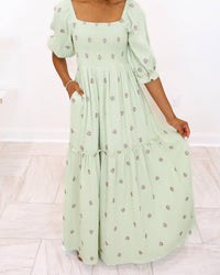 J.NNA Flower Embroidered Maxi Dress in green - women's dress - detail view