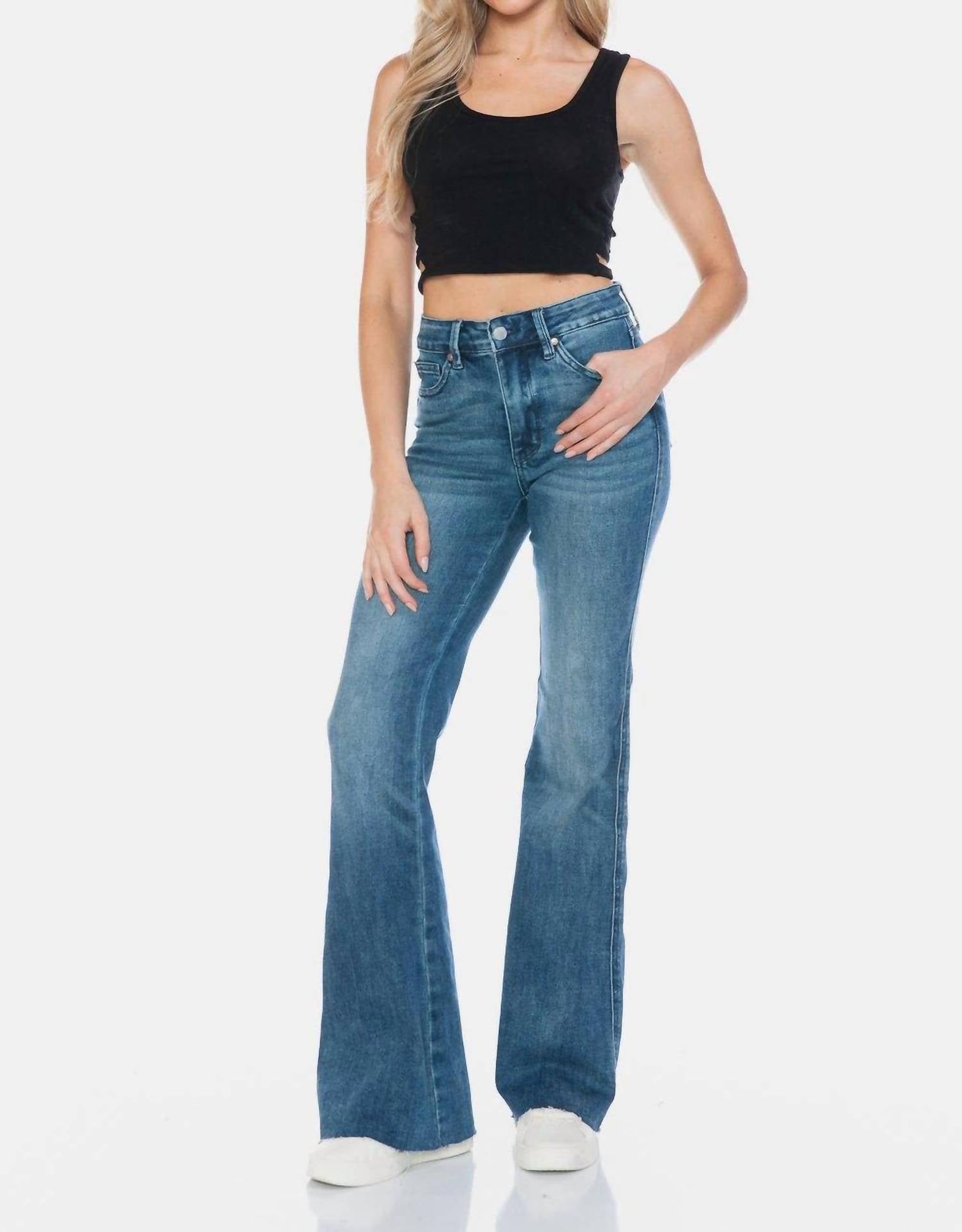 Judy Blue - Mid Rise Medium Wash Tummy Control Cut Hem Flare