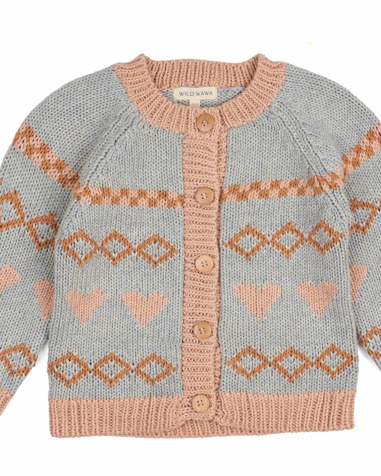 Wild Wawa Kids' Intarsia Hearts Cardigan in dusty blue - kids' sweater - alternate view