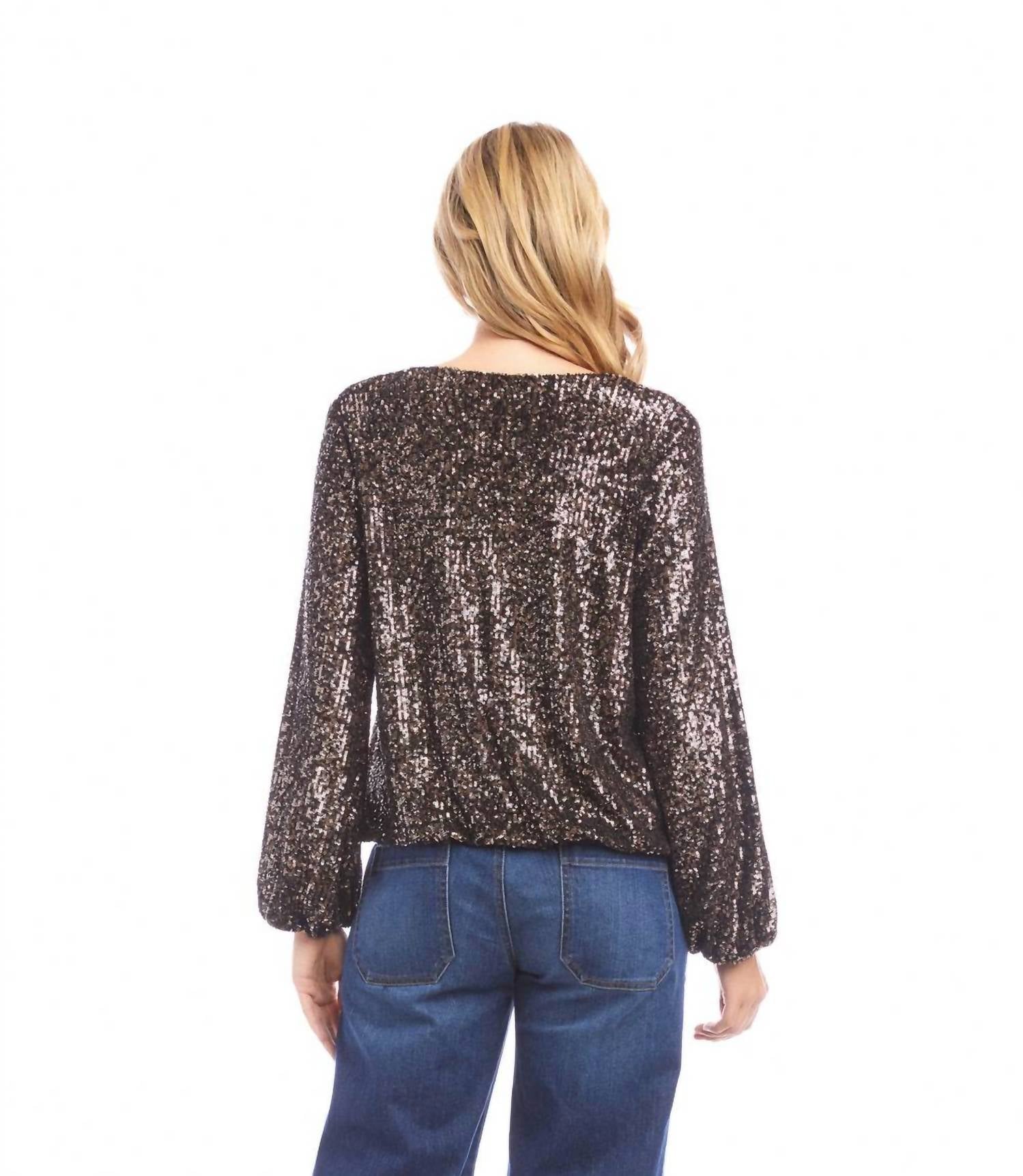 Karen Kane Blouson Sleeve Sequin V-Neck Top in brown - women's blouse - alternate view