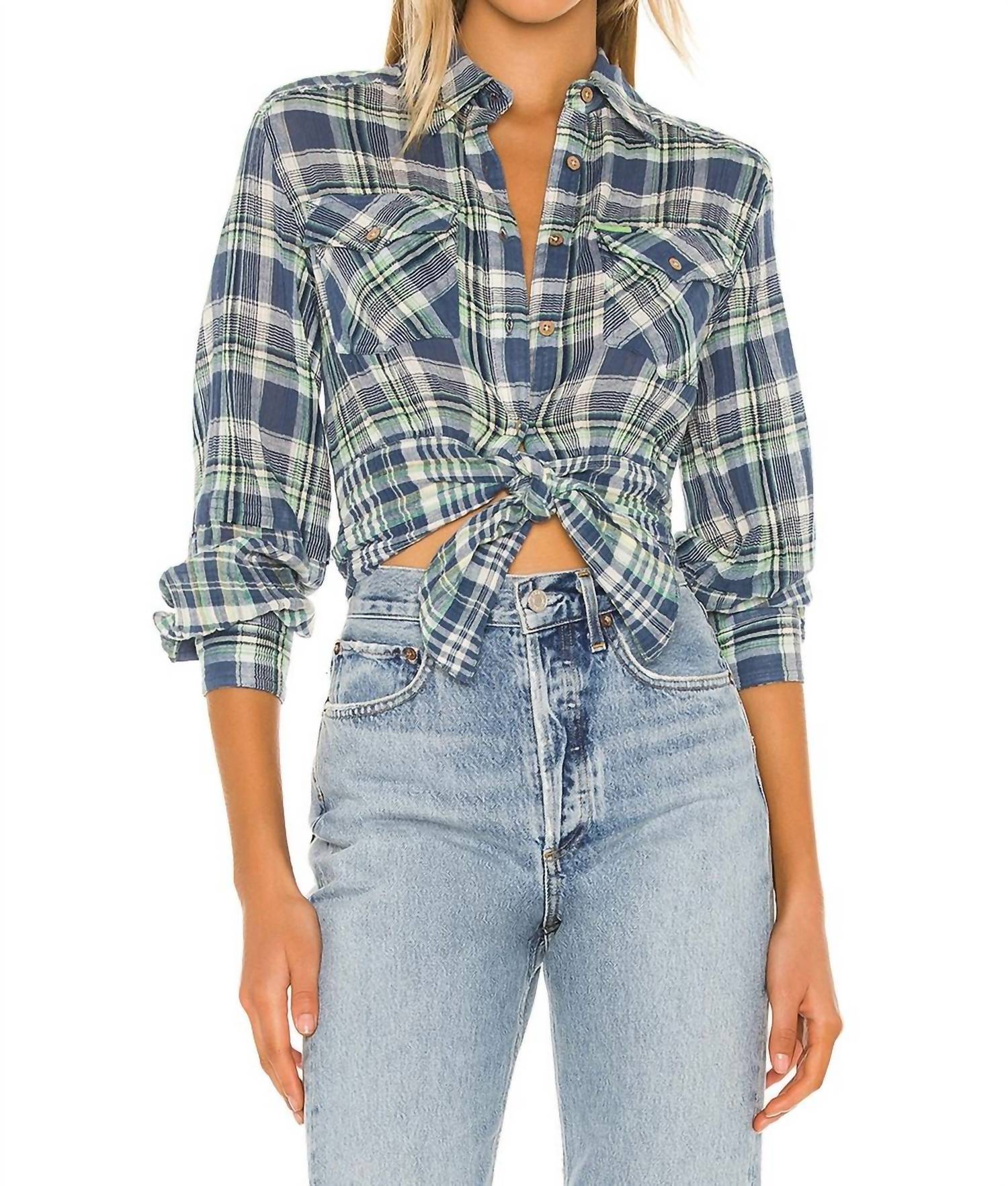 Free People First Bloom Plaid Shirt in blue - women's shirt