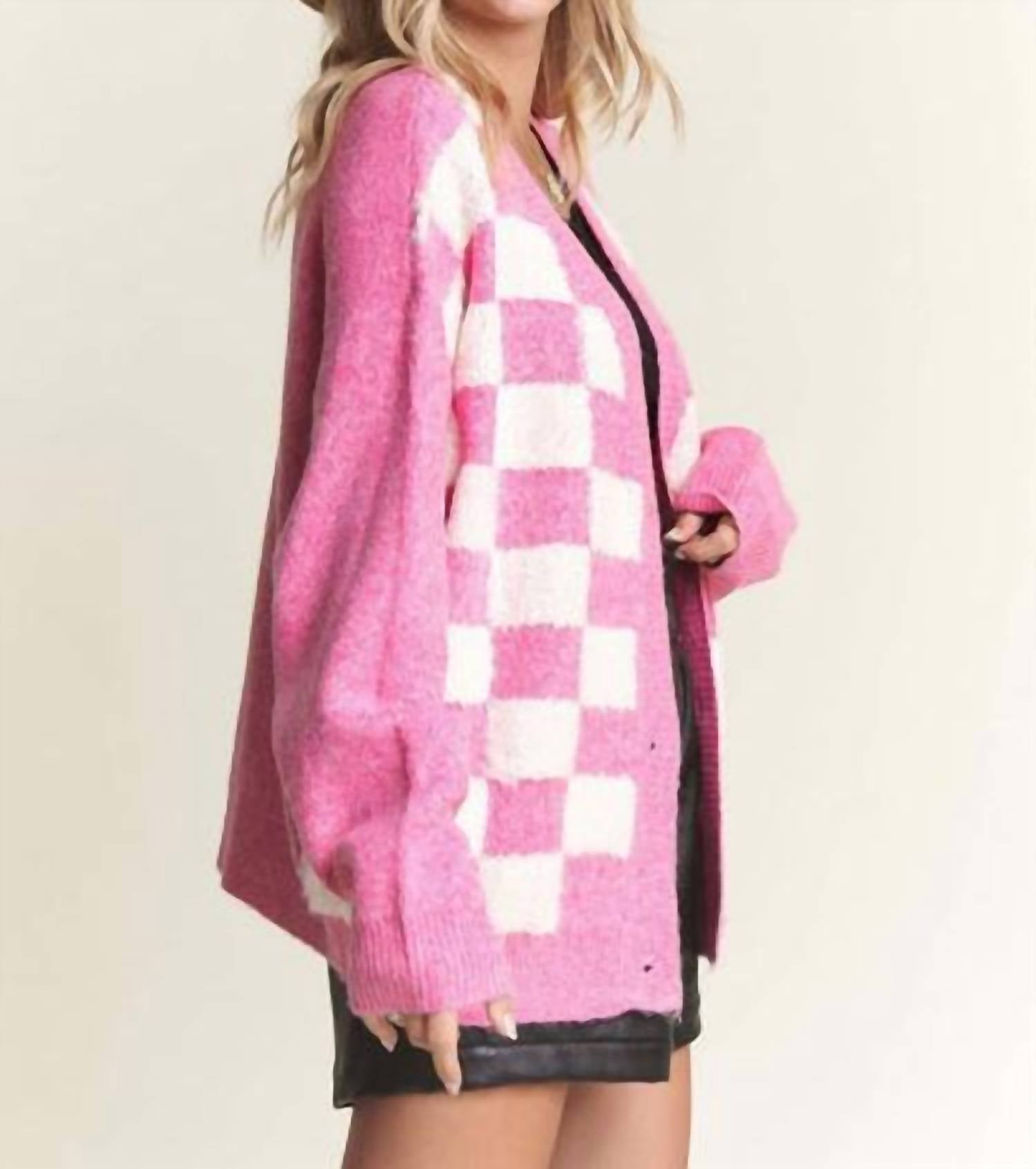 Madelyn Puff Checker Sweater Cardigan - Plus in fuchsia - women's cardigan - detail view