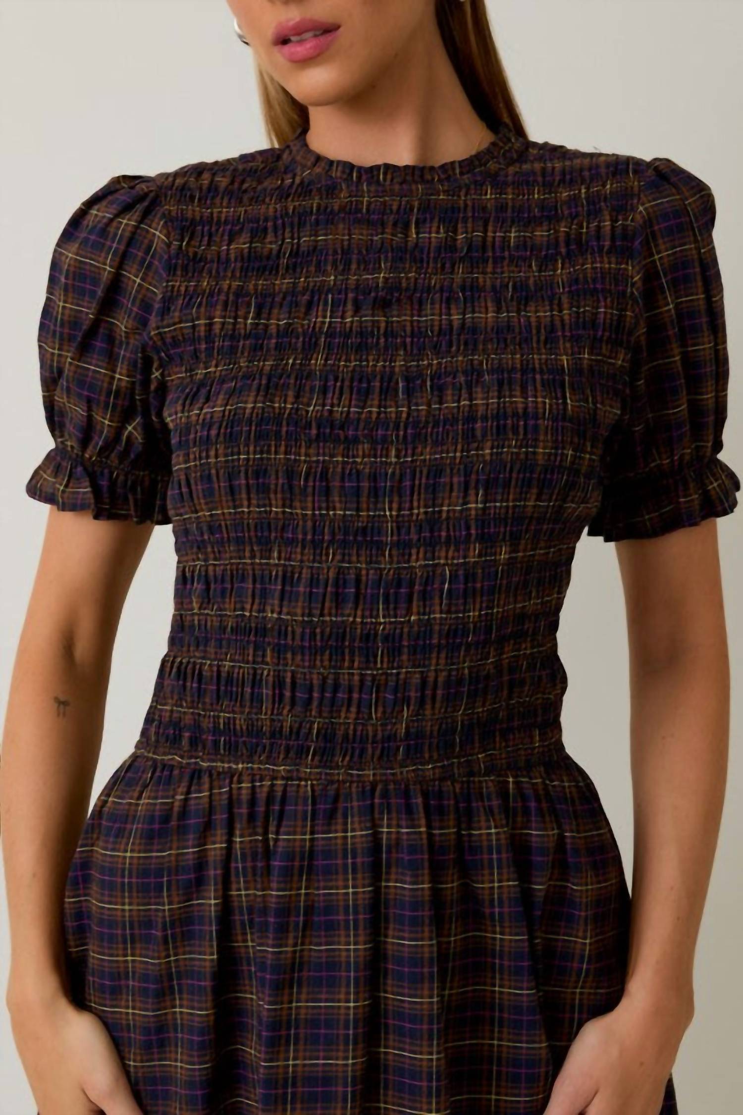 Sunday Edition Mock Neck Smocked Mini Dress in navy multi - women's dress - view 5