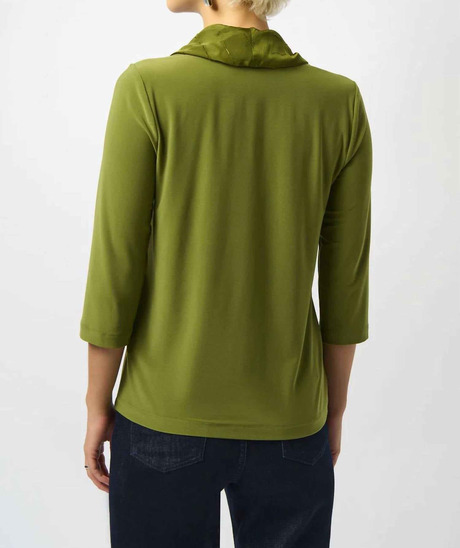 Joseph Ribkoff Cowl Neck 3/4 Sleeve Fitted Top in artichoke - women's long sleeve top - detail view