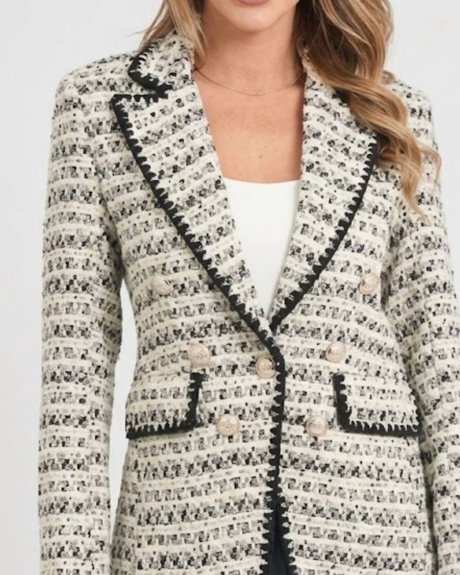 LOVE TOKEN Georgia Tweed Blazer in black beige - women's jacket - detail view