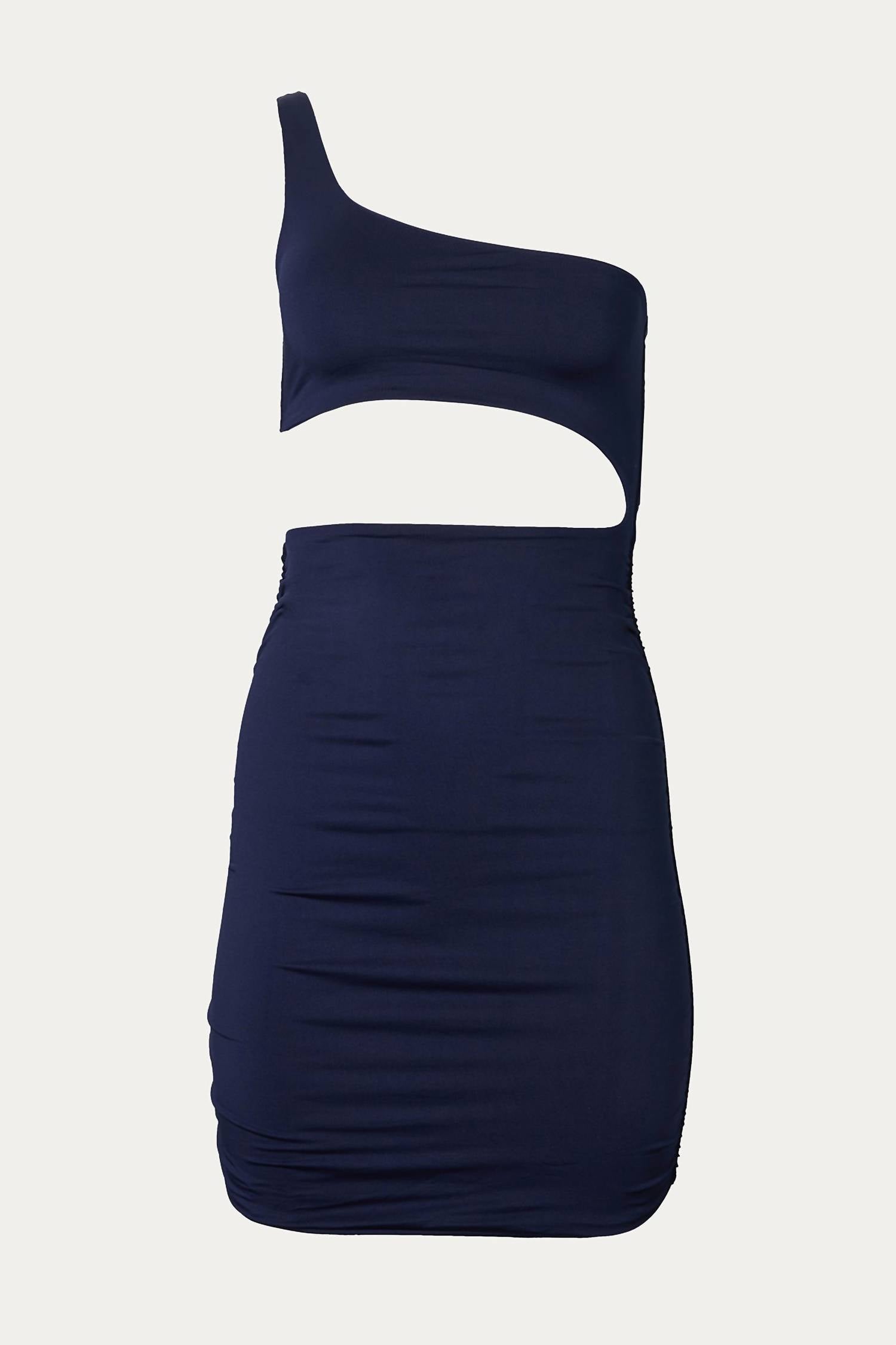 ONE-SHOULDER RUCHED CUTOUT MINI DRESS