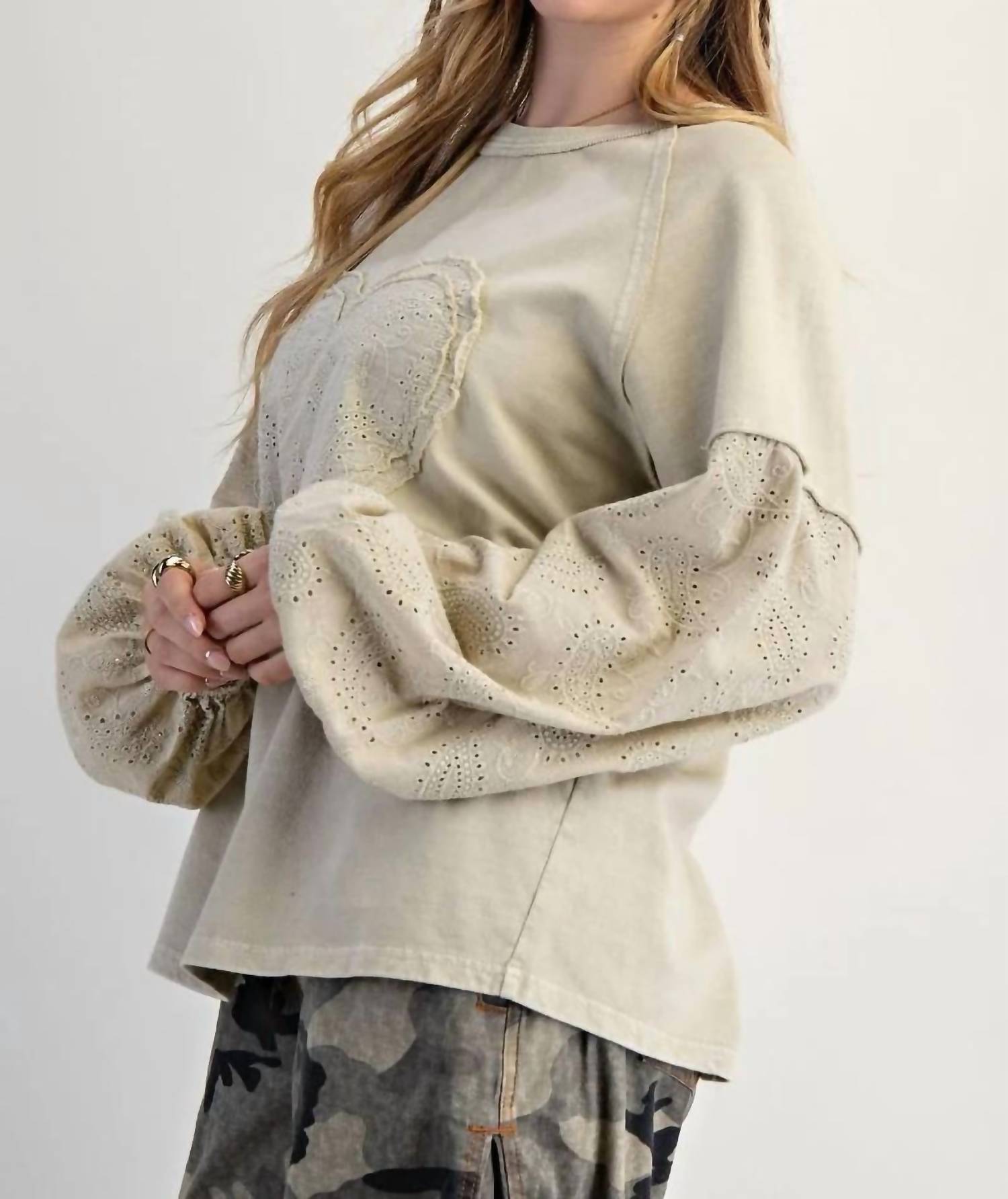 Easel - Eyelet Lace Heart Patched Top