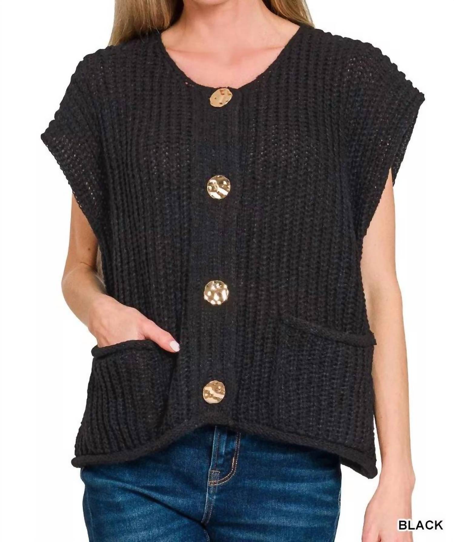 Zenana - Front Pockets Button Down Sweater Vest