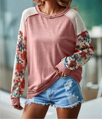 Little Daisy Closet - Floral Patchwork Puff Sleeve Textured Blouse