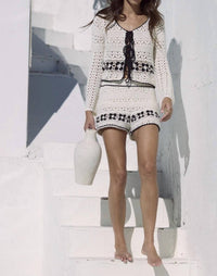 Vintage Havana Crochet Floral Tie Front Top in beige - women's cardigan