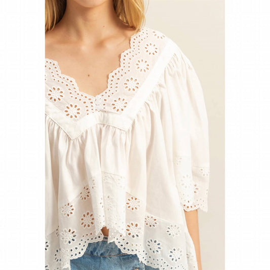 Hyfve - V-Neck Short Sleeve Eyelet Detail Top
