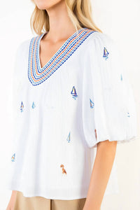 Thml - Puff Sleeve Embroidered Sail Boat Top