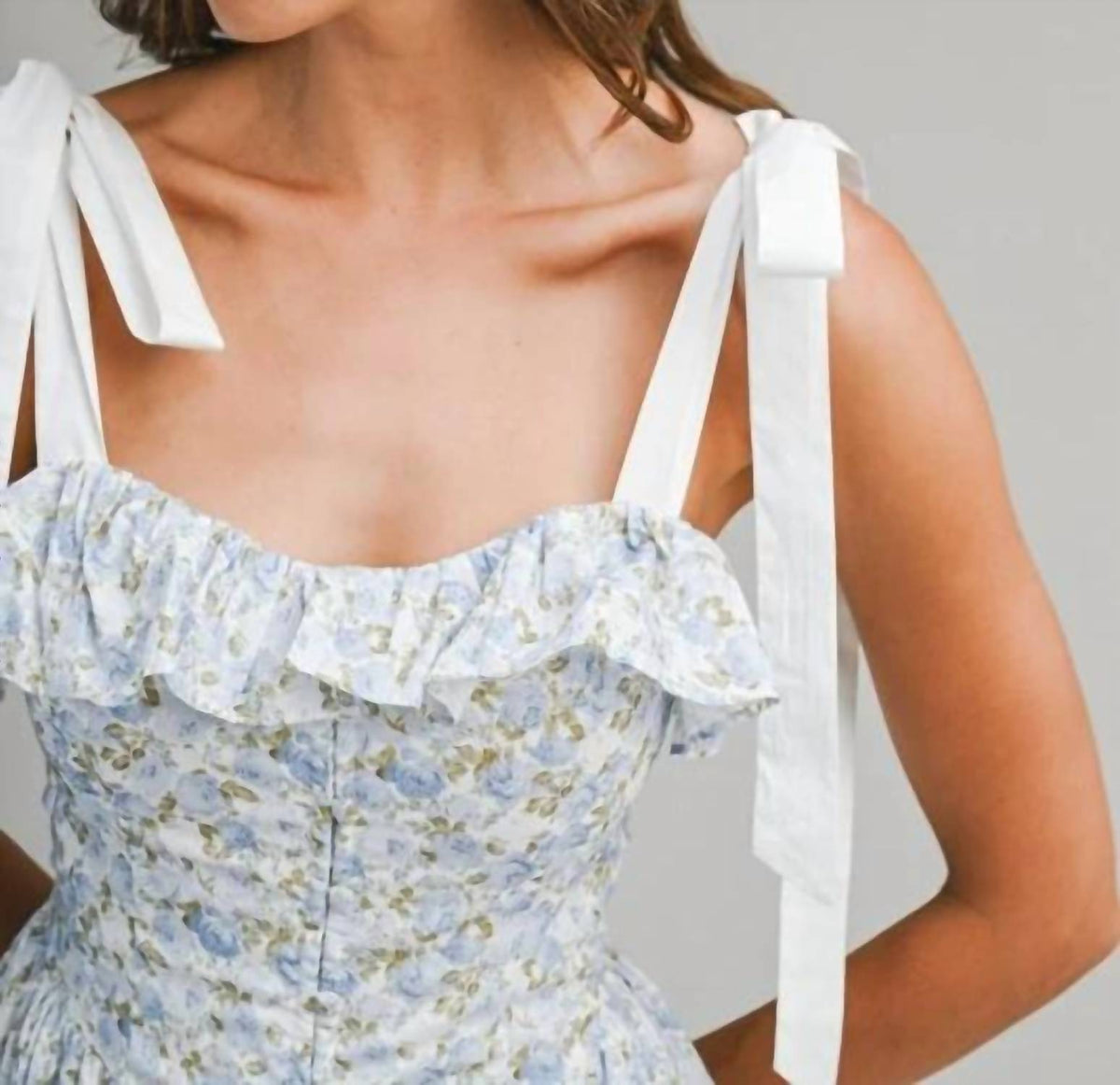 Mable - Floral Printed Contrast Shoulder Strap Midi Dress