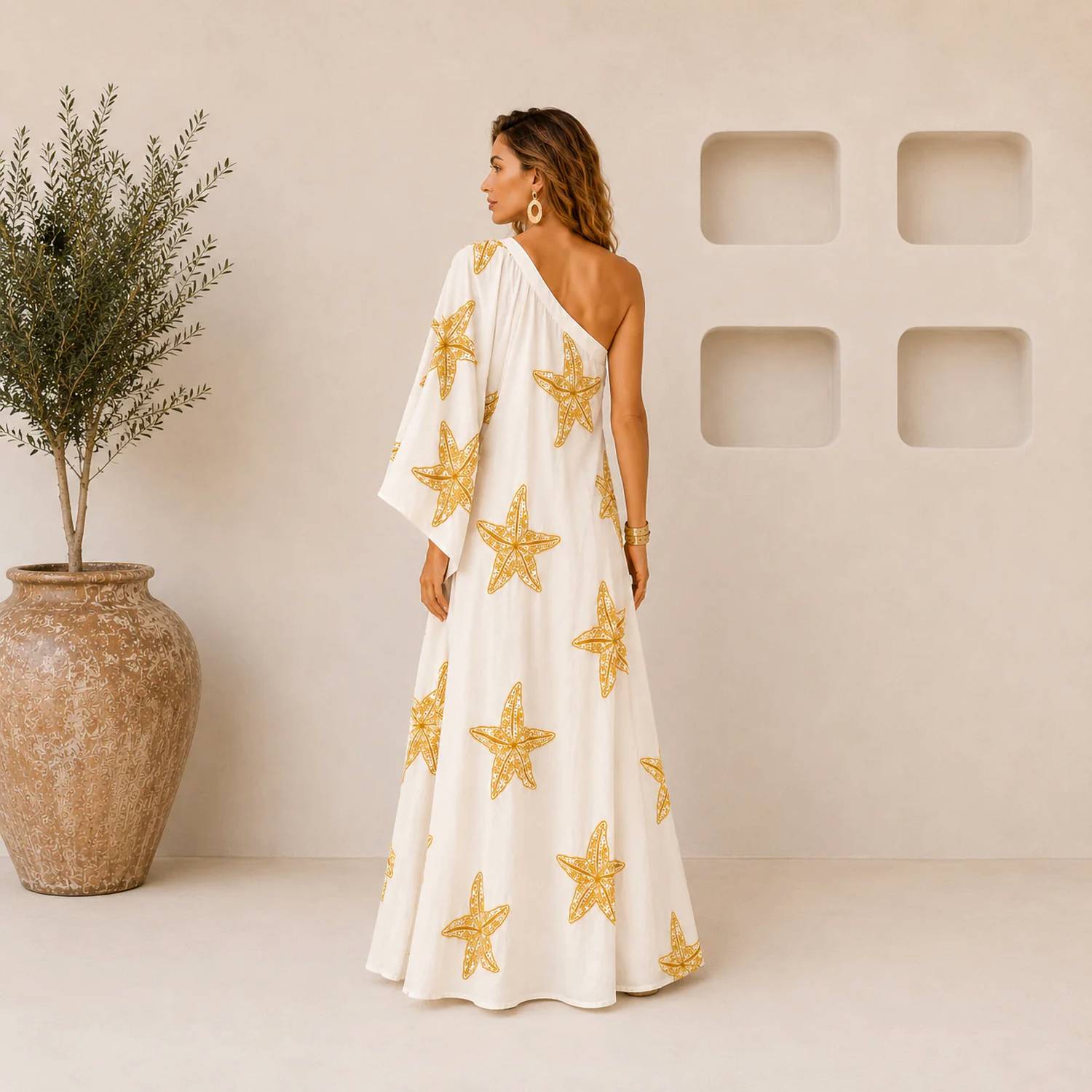Mystery Resort - Starfish One-shoulder Caftan Maxi Dress