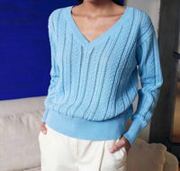 White + Warren - Recycled Cotton Open Cable V-Neck Sweater