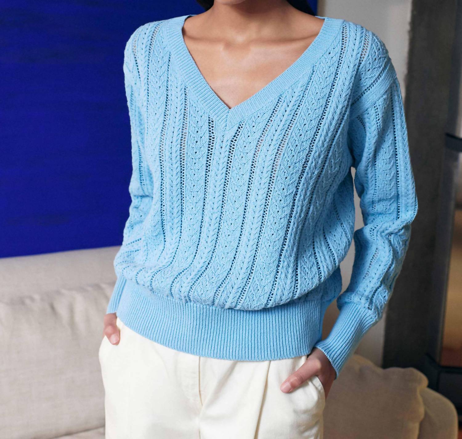 White + Warren - Recycled Cotton Open Cable V-Neck Sweater