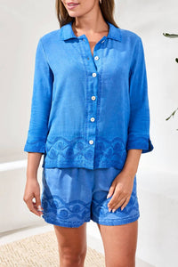 Tribal - 3/4 Sleeve Button Front Blouse With Embroidery