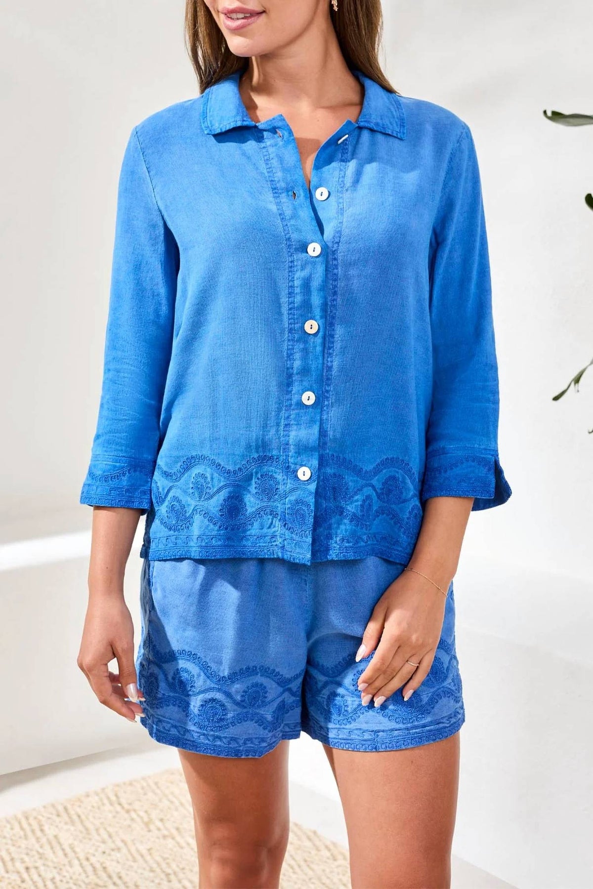 Tribal - 3/4 Sleeve Button Front Blouse With Embroidery