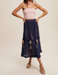 Listicle Lace Midi Skirt With Ribbon Details in navy - women's skirt - alternate view