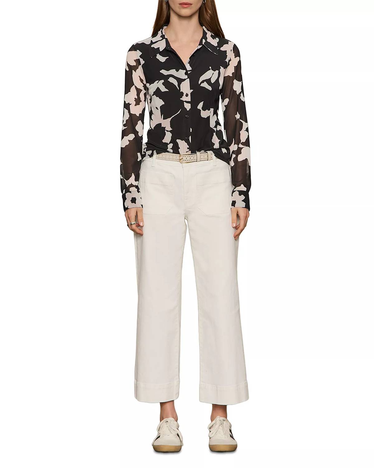 Sanctuary Fitted Mesh Button Down in petal whisper - women's long sleeve top - detail view