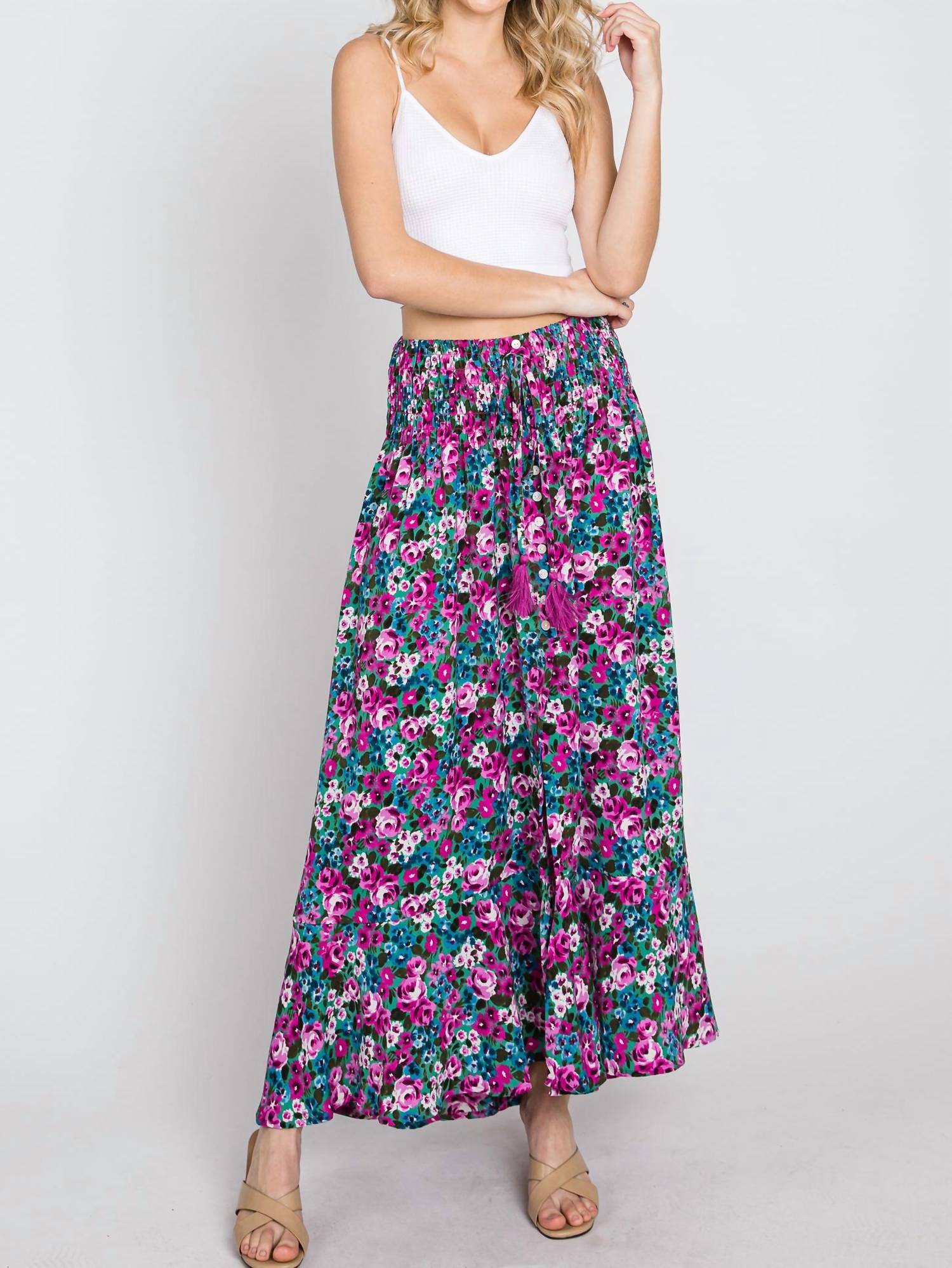Ee:Some - Floral Maxi Skirt With Smocked Waist & Button Front