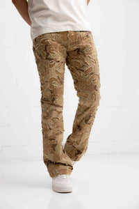 Amicci Franco Camo Shredded Denim Flare Jeans in sand - men's jeans - detail view