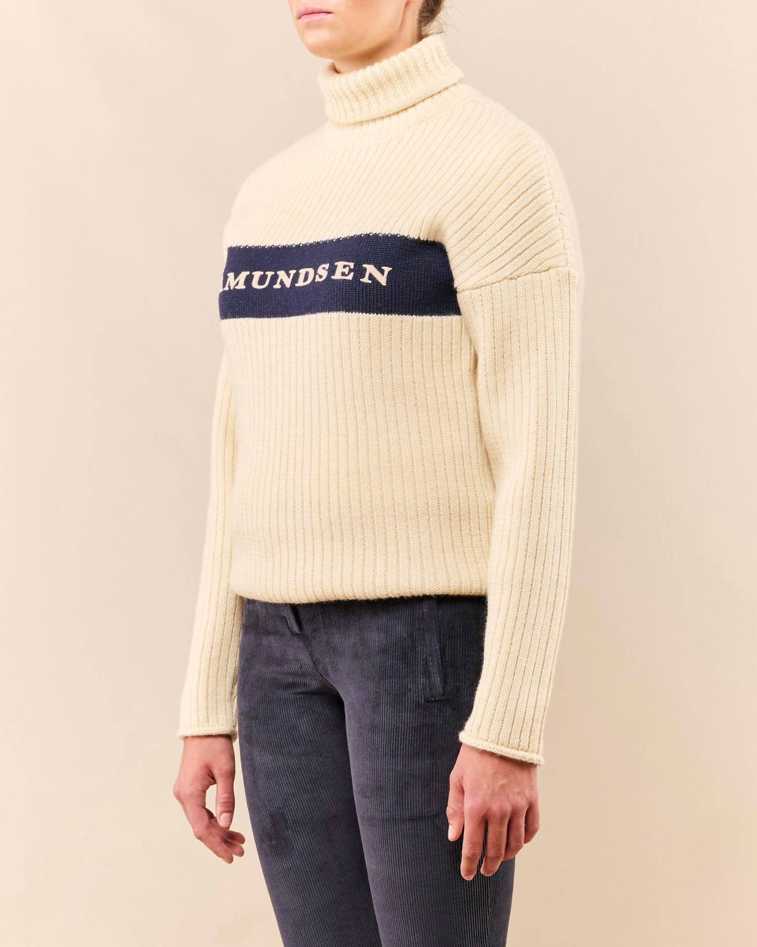 AMUNDSEN Men's Ski Turtleneck Top in cream navy - men's sweater - detail view