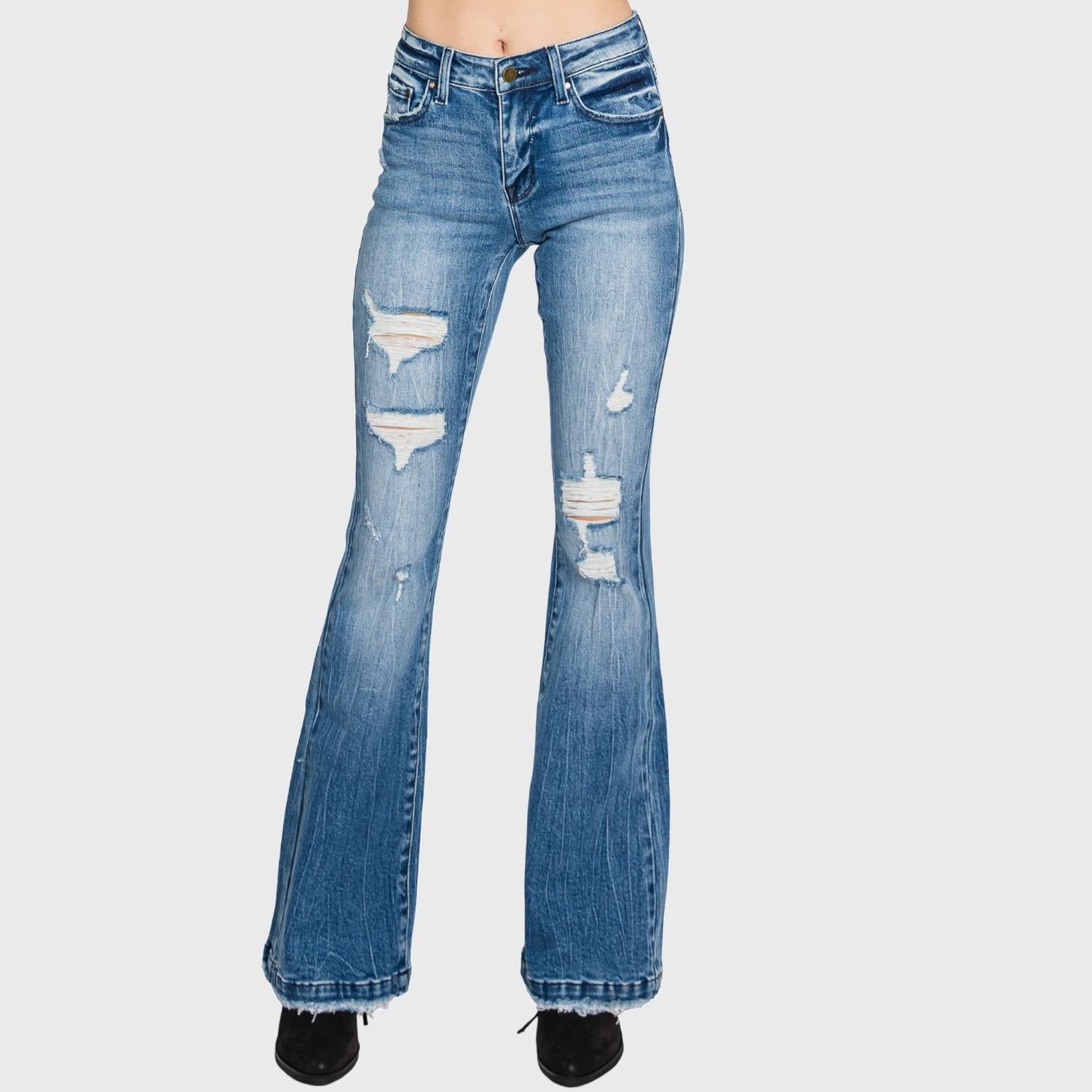 Petra153 Distressed Mid Rise Flare Jeans in piper - women's jeans