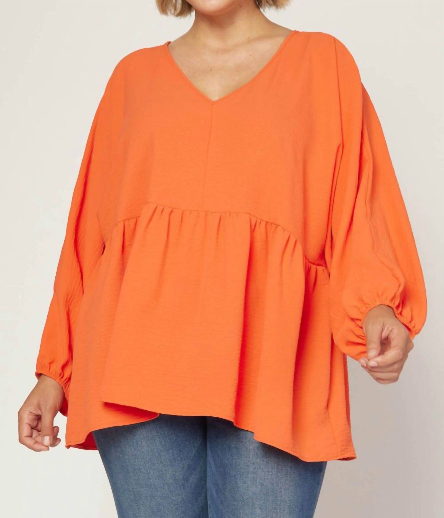 Entro - Textured Long Sleeve Babydoll Top - Plus