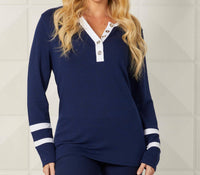 Button Crew Neck with Stripe Sleeves Top