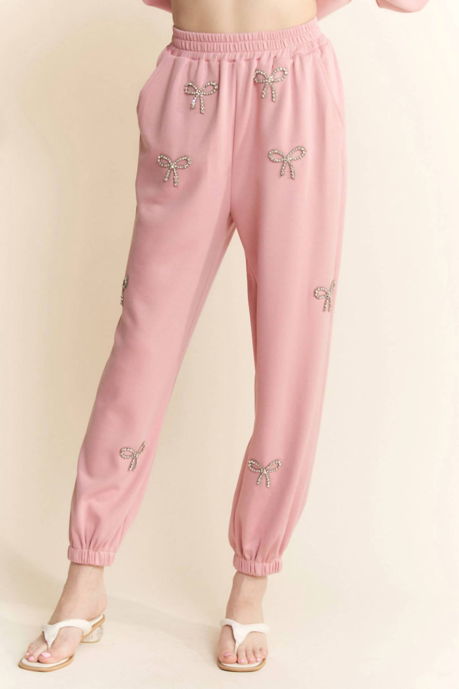 Davi & Dani - Rhinestone Bow Detail Soft Knit Sweatshirt Set